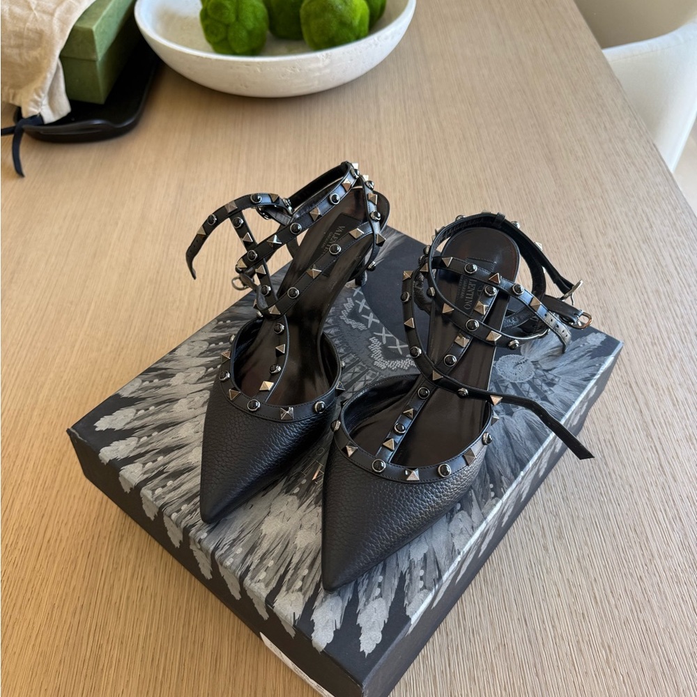 Valentino Triple Ankle Strap Rockstud Heels in color Nero